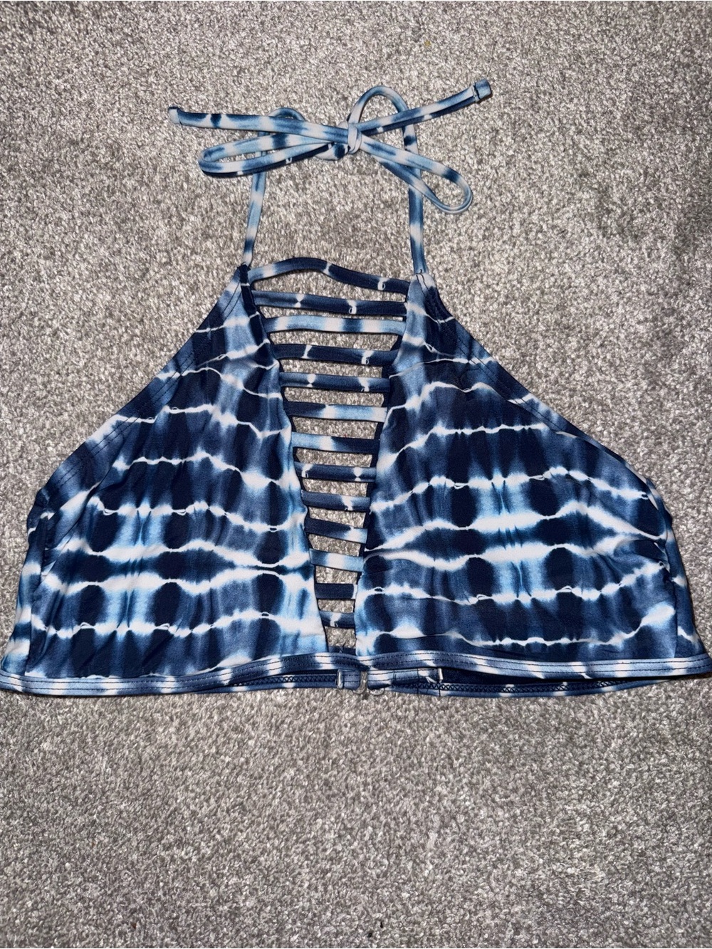 No Boundaries Navy and White Tie-Dye Halter Bikini Top with Ladder Front